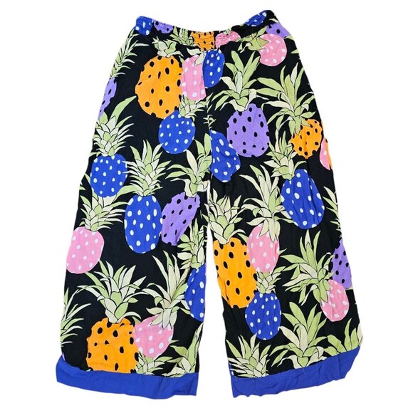 VTG Womens Cropped Wide Leg Pants Pullon Tropical Pineapple Rayon Colorful Sz M‎ - Picture 4 of 8